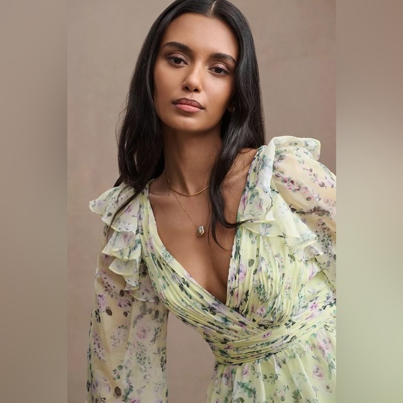 MAC DUGGAL Green Floral Chiffon Tiered Ruffle Dress 6 - Picture 6 of 16